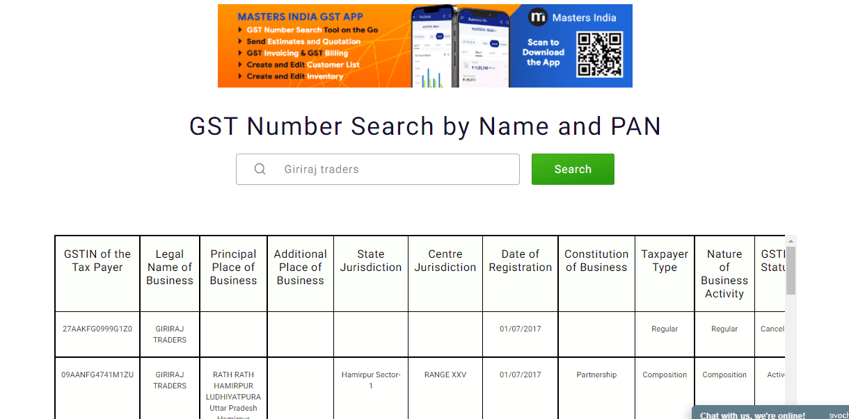 GST Number Search by Name and PAN